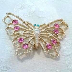 Vintage Gold Plated Pink Rhinestone Butterfly Brooch